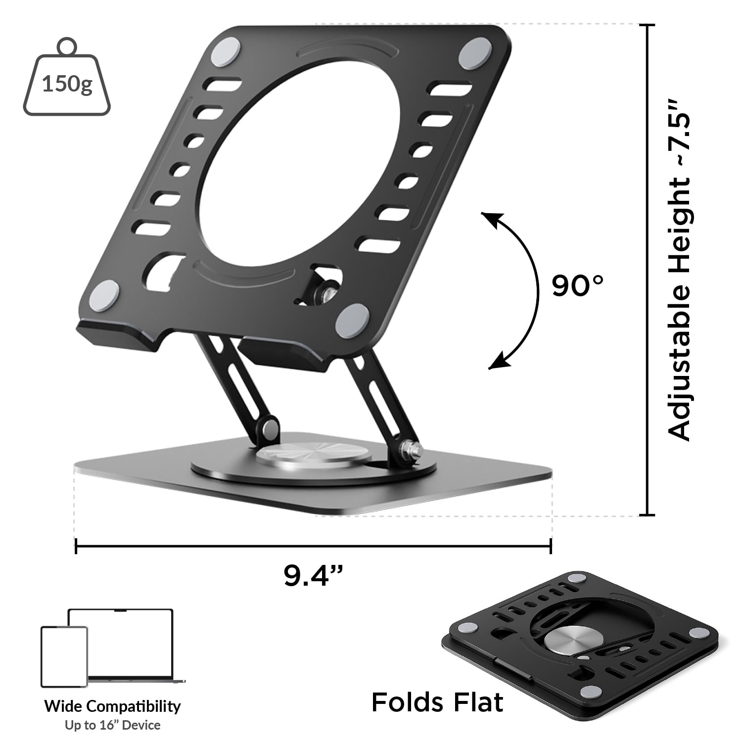 Swivel Laptop Stand for Desk – Adjustable Laptop Riser with 360° Rotation, Height & Tilt, Vented Metal Cooling Panel, Portable Folding Stand (Black)