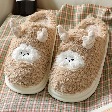 

Men Slippers Autumn And Winter Indoor And Outdoor Fashion Cartoon Lamb Comfortable Flat Bottom Non Slip Warm Coffee 8.5