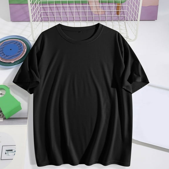 Womens Tops under $5 Short Sleeve Round Neck Solid Color Blouses Summer Tunic Loose Tees Shirts Black M