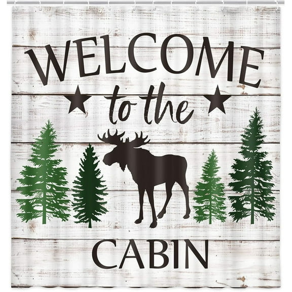 Cabin Rustic Shower Curtain, Moose Green Tree Shower Curtains, Country Style Retro Gray Wood Farmhouse Bathroom Curtains, 72X72 Inches