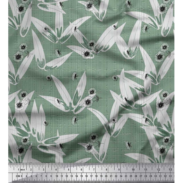 Soimoi Poly Georgette Fabric Texture,Leaves & Black Sketch Flower Print Sewing Fabric Yard 42 Inch Wide