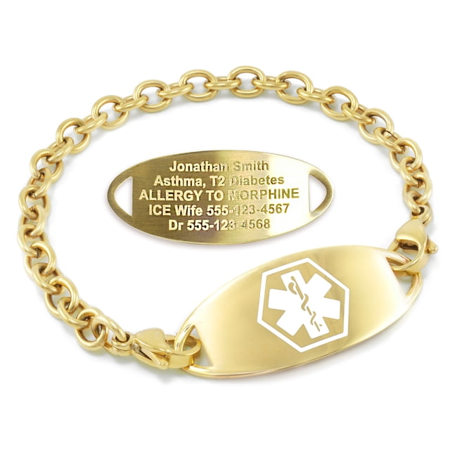 MedicEngraved Yellow Gold Stainless Steel Custom Medical Alert Bracelet - 5mm Oval Link