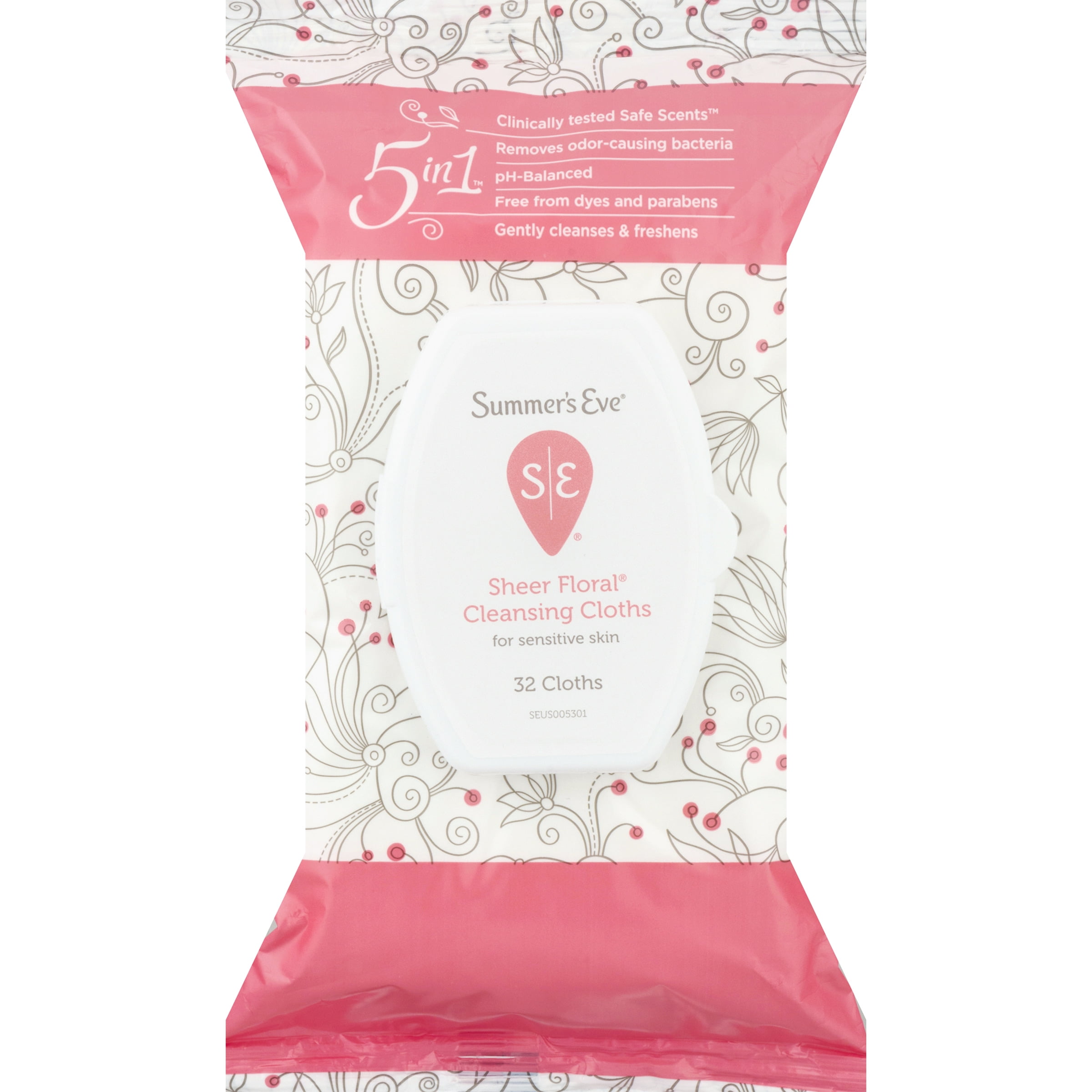 Summer's Eve [Sheer Floral] Cleansing Cloths for Sensitive Skin,Pack of 32 EA