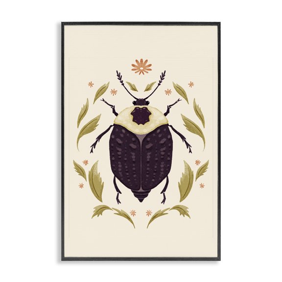 Stupell Industries Black Beetle with Leaves Animals Painting Black Framed Art Print Wall Art, 12 x 18