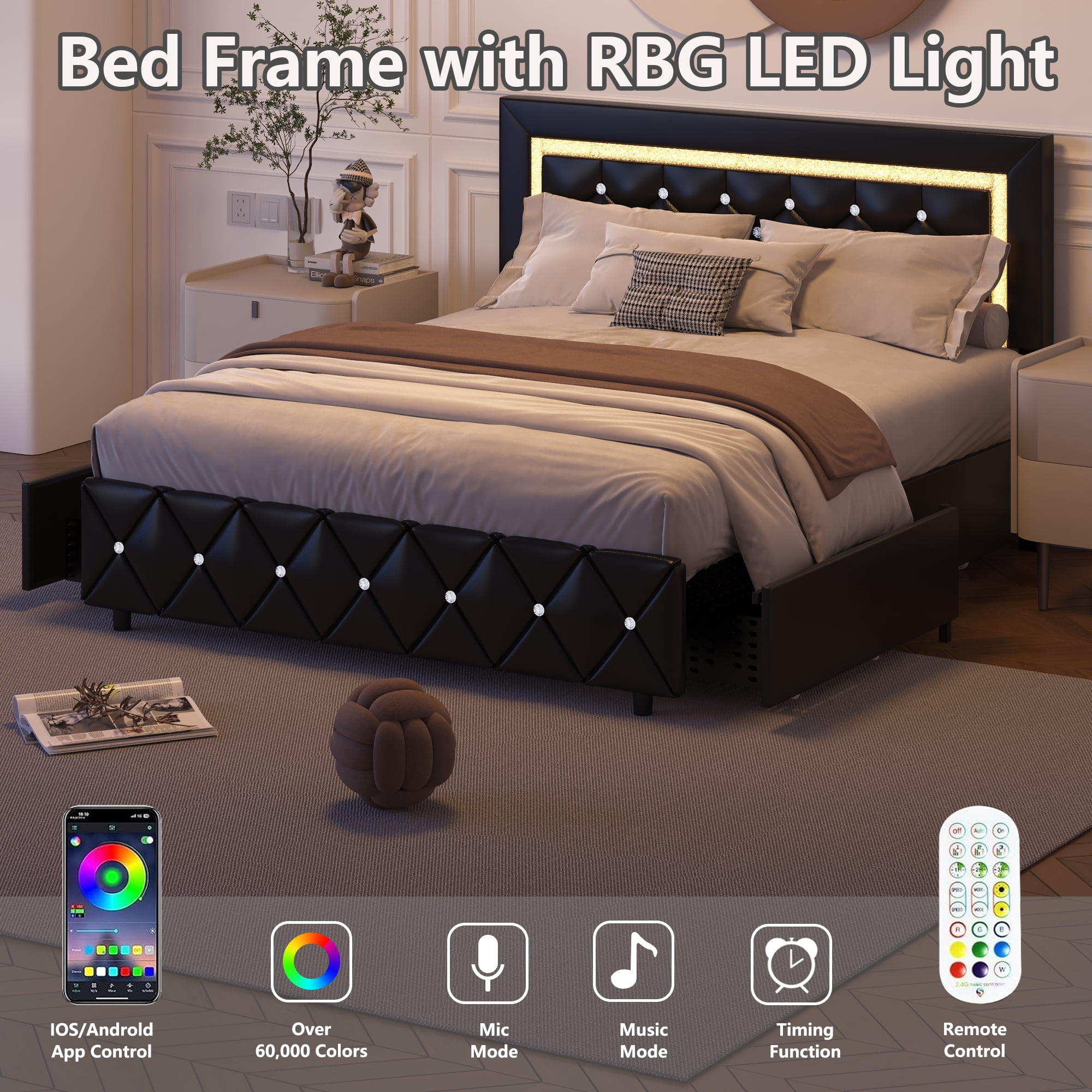 4 EVER WINNER Full Size LED Bed Frame with Storage, Upholstered Platform Bed with 4 Drawers, Adjustable LED Lights Headboard, Black