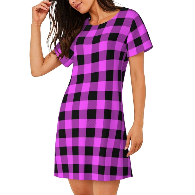 Balery Purple Black Buffalo Plaid Pattern Womens Short Sleeve Sleepshirt  Scoopneck Cute Nightdress Comfy Nightgown Loungewear Dress - Walmart.com