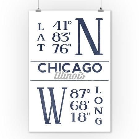 Chicago Outdoor Wall - Chicago, Illinois - Latitude & Longitude (Blue) - Lantern Press Artwork (9x12 Art Print, Wall Decor Travel Poster)