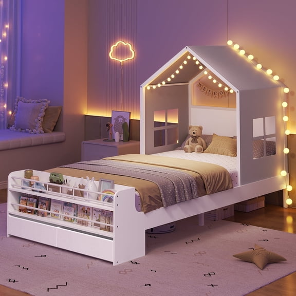 Twin Size House Bed Frame With Storage Drawers and Bookshelves for Bedroom,Platform Bed with Roof & Window, Space Saving,No Box Spring Needed, Easy Assembly,White