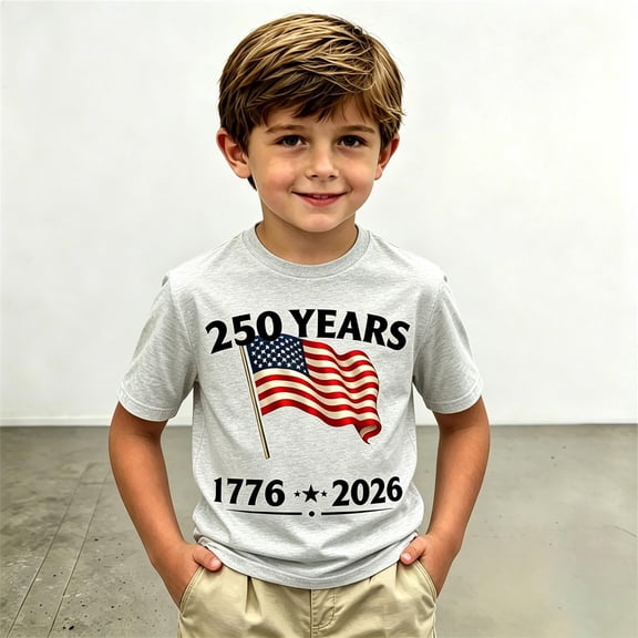 Boys' 250th Anniversary American Flag T-Shirt – "250 YEARS 1776-2026" Patriotic Tee – Comfortable Crew Neck Short Sleeve Shirt for Kids – July 4th Summer Top (Ages 2-13)