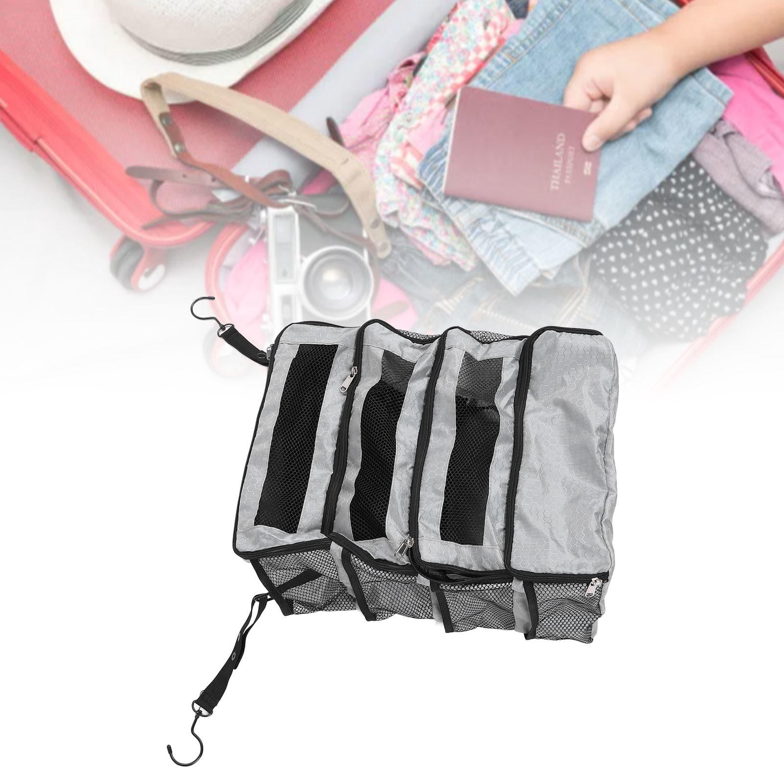 LAZIOEGR Foldable Travel Suitcase Organizer – 4‑Compartment Hanging Packing Cube with Mesh Pockets, Gray