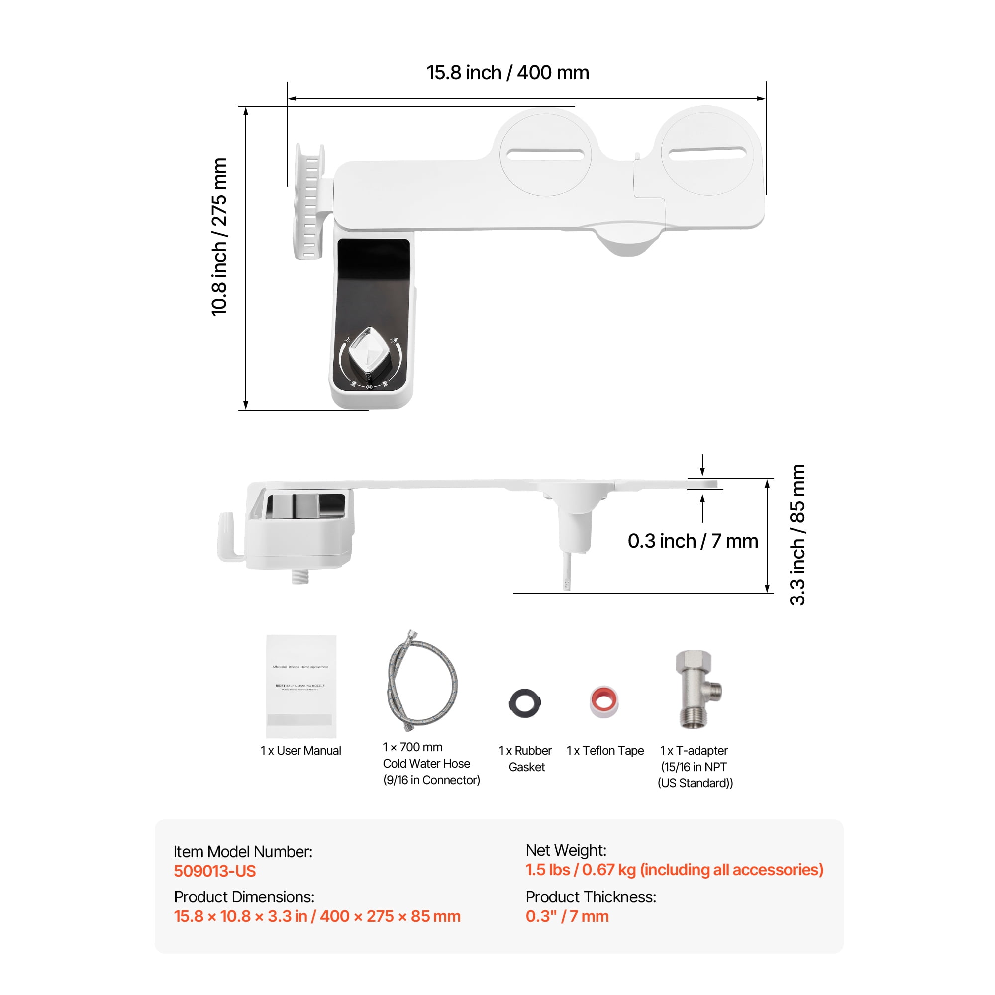 KFFKFF Ultra-Thin Bidet Attachment for Toilets, 0.3" Design - Dual Nozzles, Adjustable Water Pressure, Non-Electric Cold Water Sprayer for Front and Rear Cleansing, White