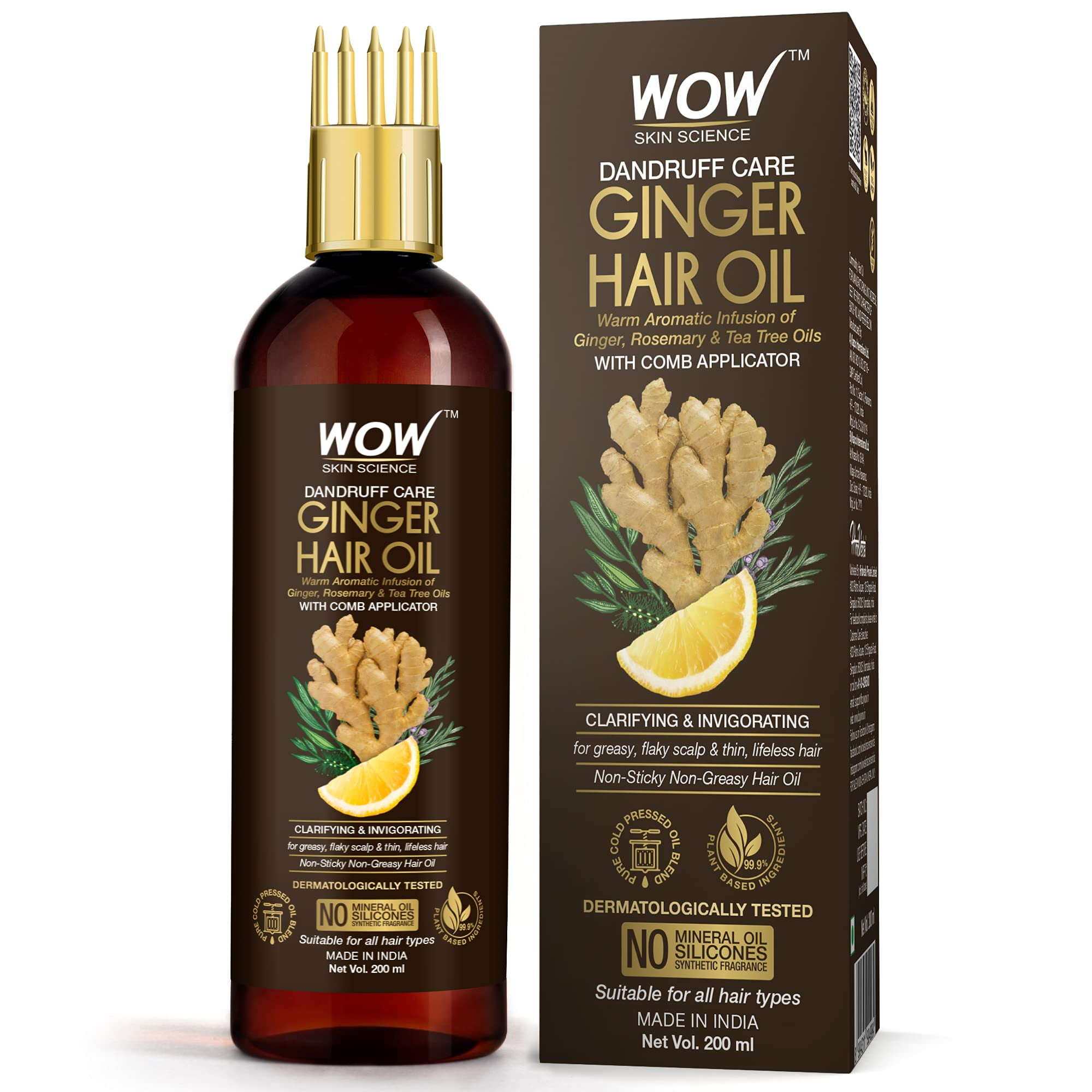 WOW Skin Science Ginger Hair Oil for Dandruff Care with Comb Applicator for All Hair Types