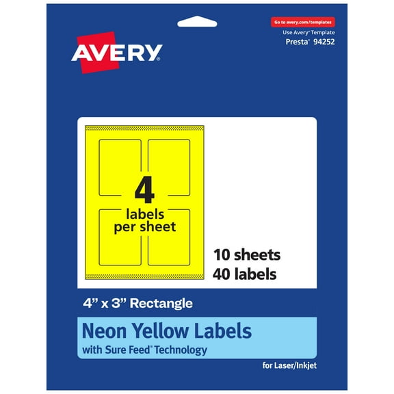 Avery Printable Rectangle Labels, Neon Yellow, 4" x 3", 40ct