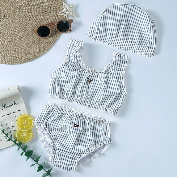 REDARER Girls Three Piece Swimsuit Girls' Swimwear Floral Striped Dot Swimming Suits Bathing Suit for Girls Swim Trunk with Swimming Cap,Girls Swimsuit,2-3 Years