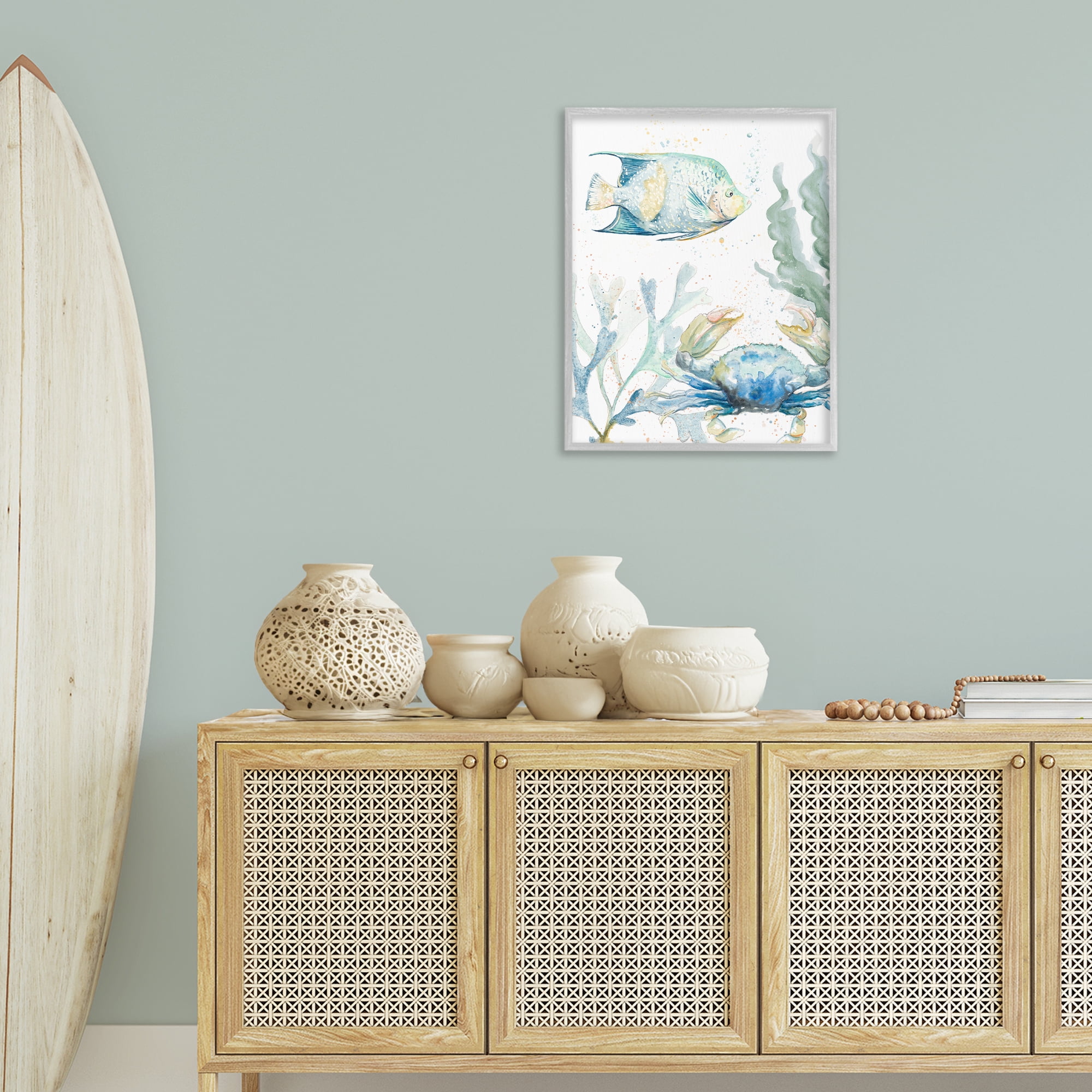 Stupell Industries Crab & Fish Scene Animals & Insects Painting Gray Framed Art Print Wall Art, 24 x 30