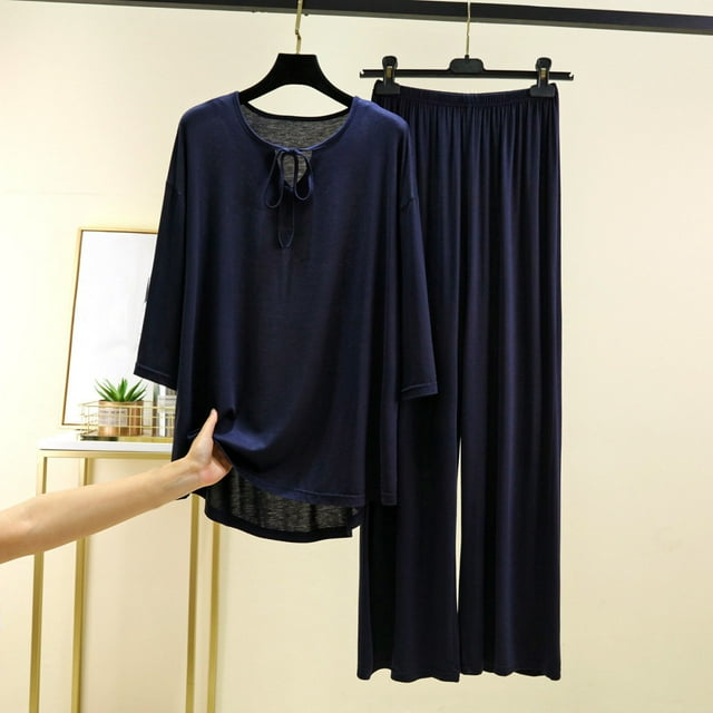 Qtocio Ensemble de Pyjama d'Été pour Femmes, Couleur Unie Douce, Manches Trois-Quarts, Col Rond, Pantalon à Taille Ceinturée