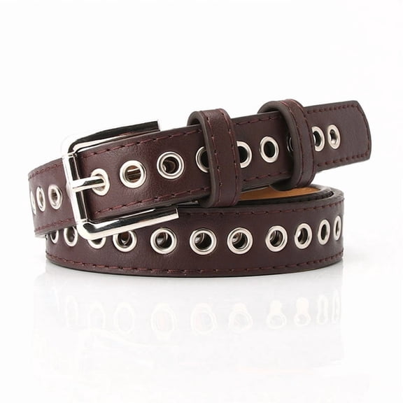 Zhuge Women's Fashion Hollow Grommet Belt, Skinny PU Leather Waist Belt with Metal Buckle Great for Daily Wear & Dresses, Coffee