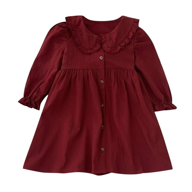 Odeerbi Niñas Vestido Cuello Peter Pan Vestido Camisa Primavera Otoño Manga Larga Vestido Algodón Color Sólido Cuello Redondo
