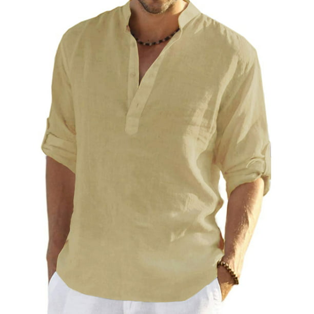 Ginsiom Men's Cotton Linen Shirt Long Sleeve Henley Shirts Hippie Beach ...
