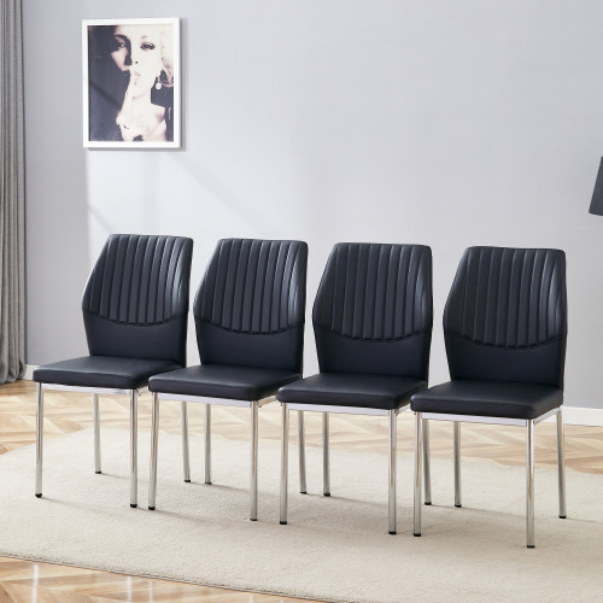 SUDICA Modern PU Leather Dining Chairs Set of 4, Ergonomic High Back Kitchen Chairs with Silver Metal Legs, Comfortable Padded Seat, Easy to Clean, Black