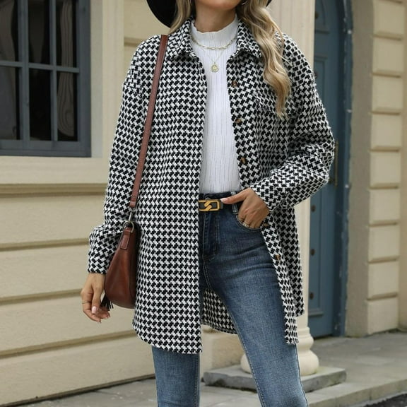 UPPADA Womens Houndstooth Coat Winter Long Overcoat Lapel Woolen Trench Coats Fashion Oversized Elegant Cardigan Pea Coat