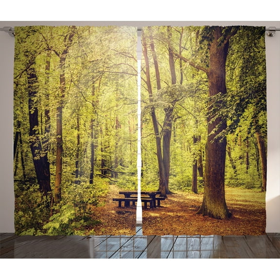 Ambesonne Forest Curtains 2 Panel Set, Nature Serenity Peace, 108" x 84", Green Brown