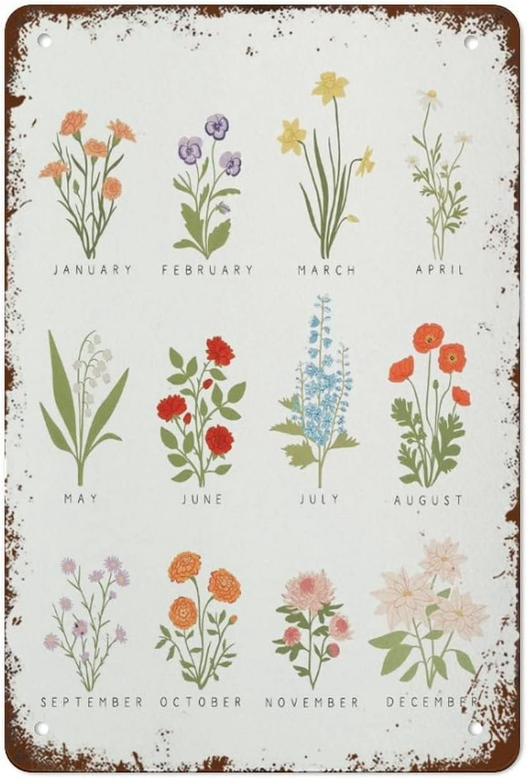 Panneau en Métal 8 x 12 Pouces - Tableau de Fleurs du Mois de Naissance - Art 8x12 Pouces pour Maman & Papa