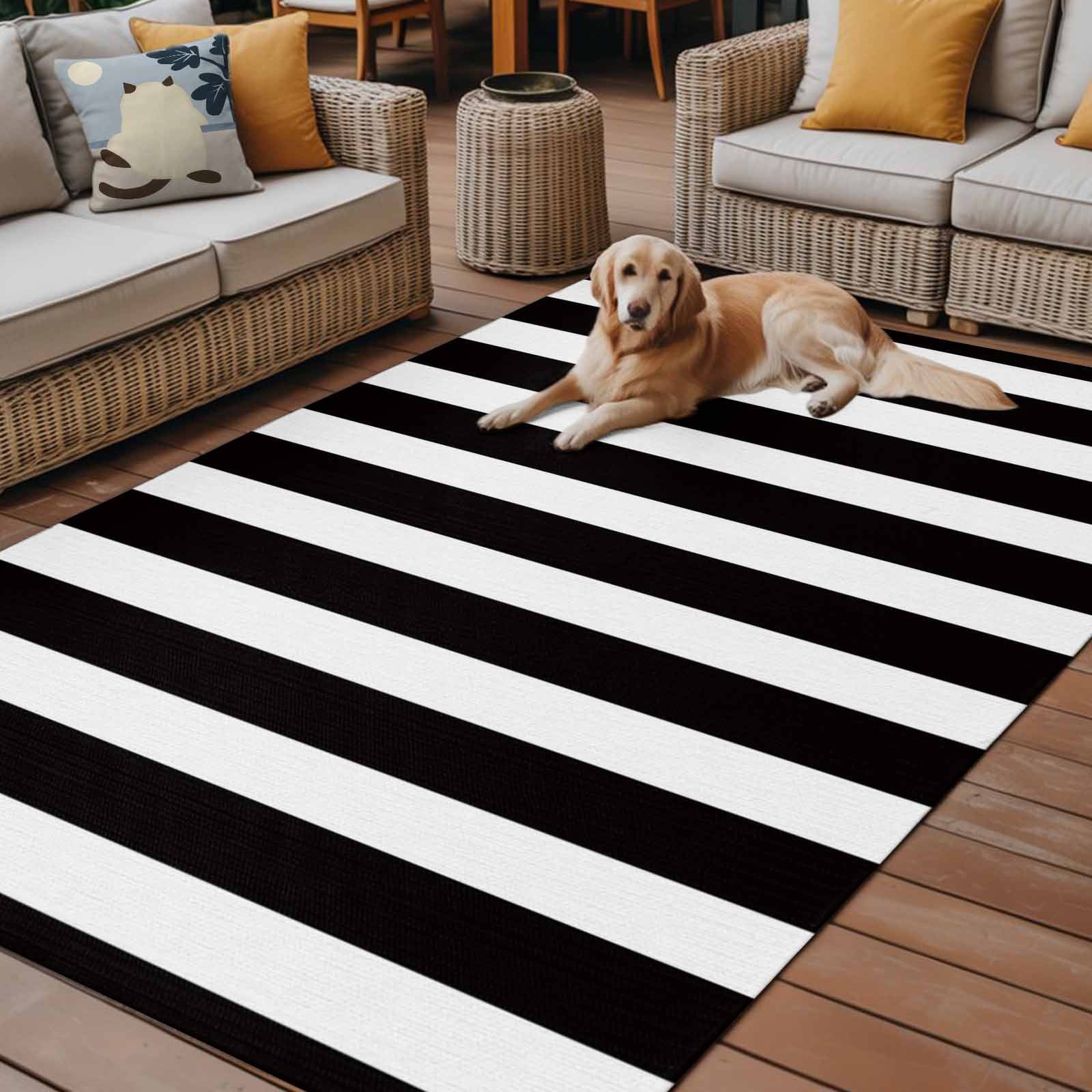 Fsddascl Black Striped Outdoor Rug for Patio/Deck/Porch, Non-Slip Large Area Rug 4 x 6 Ft, Modern Farmhouse Black White Stripes Indoor Outdoor Rugs Washable Area Rugs, Reversible Camping Rug Carpet