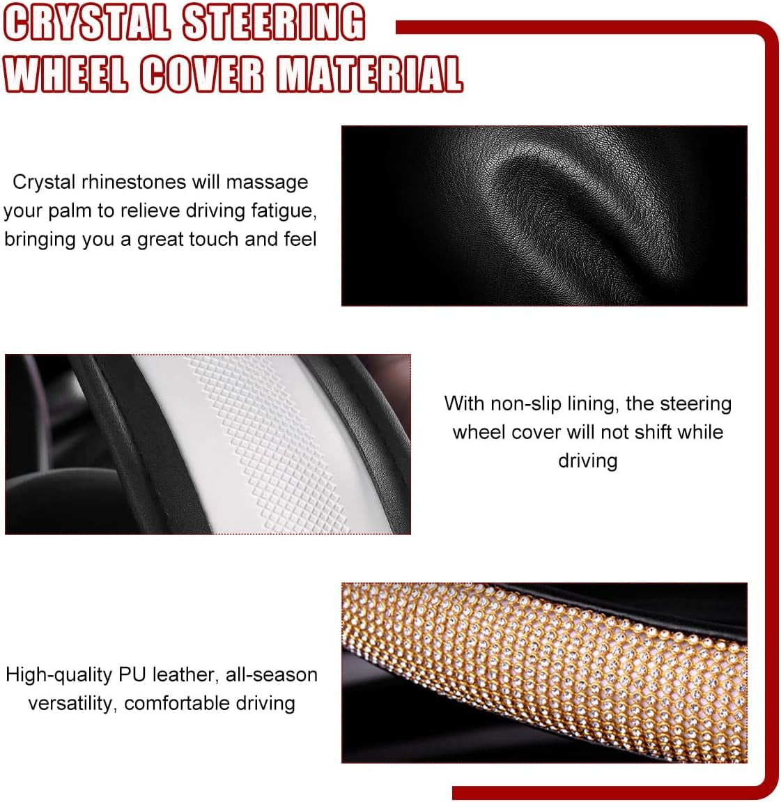 Bling Car Steering Wheel Cover, Sparkling Crystal Rhinestone Auto Wheel Protector, Anti Slip Cover Fit 15 Inch Steering Wheel for Women Girls, Universal Car Accessories (Golden)