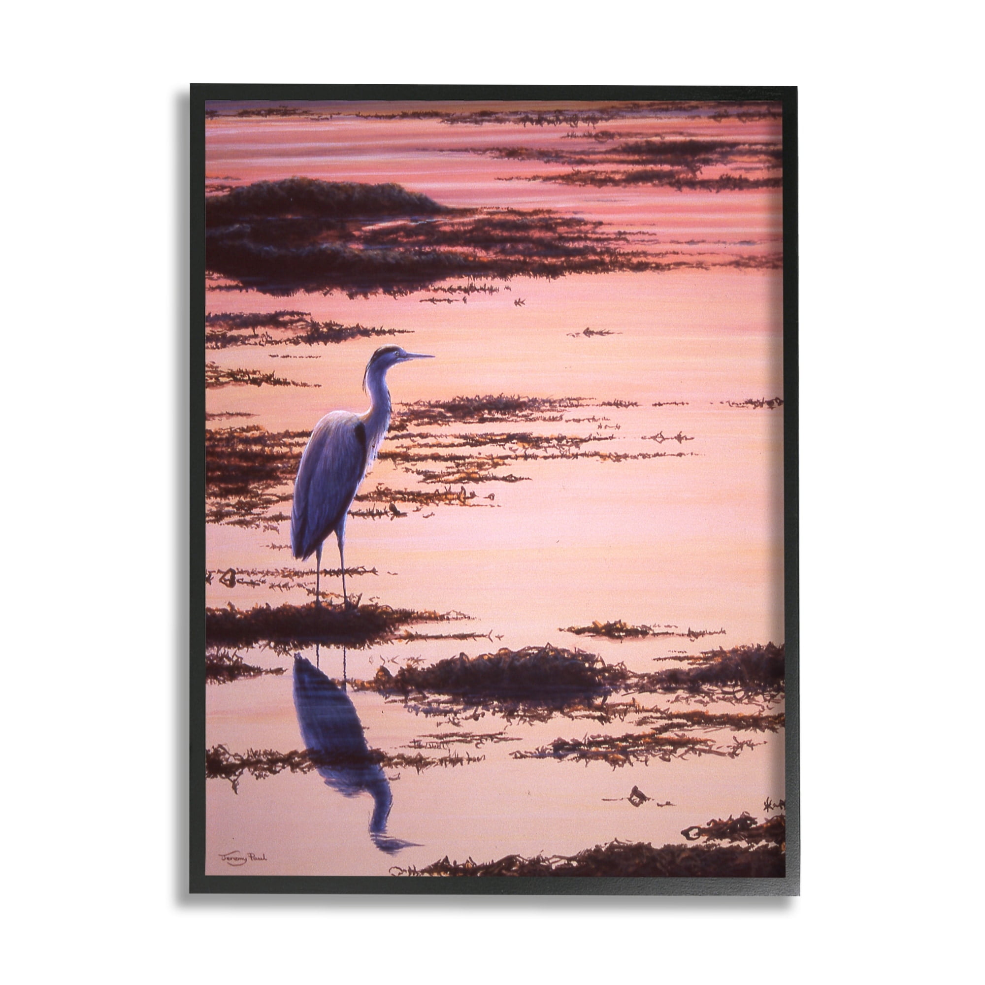 Stupell Industries Crane Bird in Sunrise Marsh Coastal Photography Gray Framed Art Print Wall Art