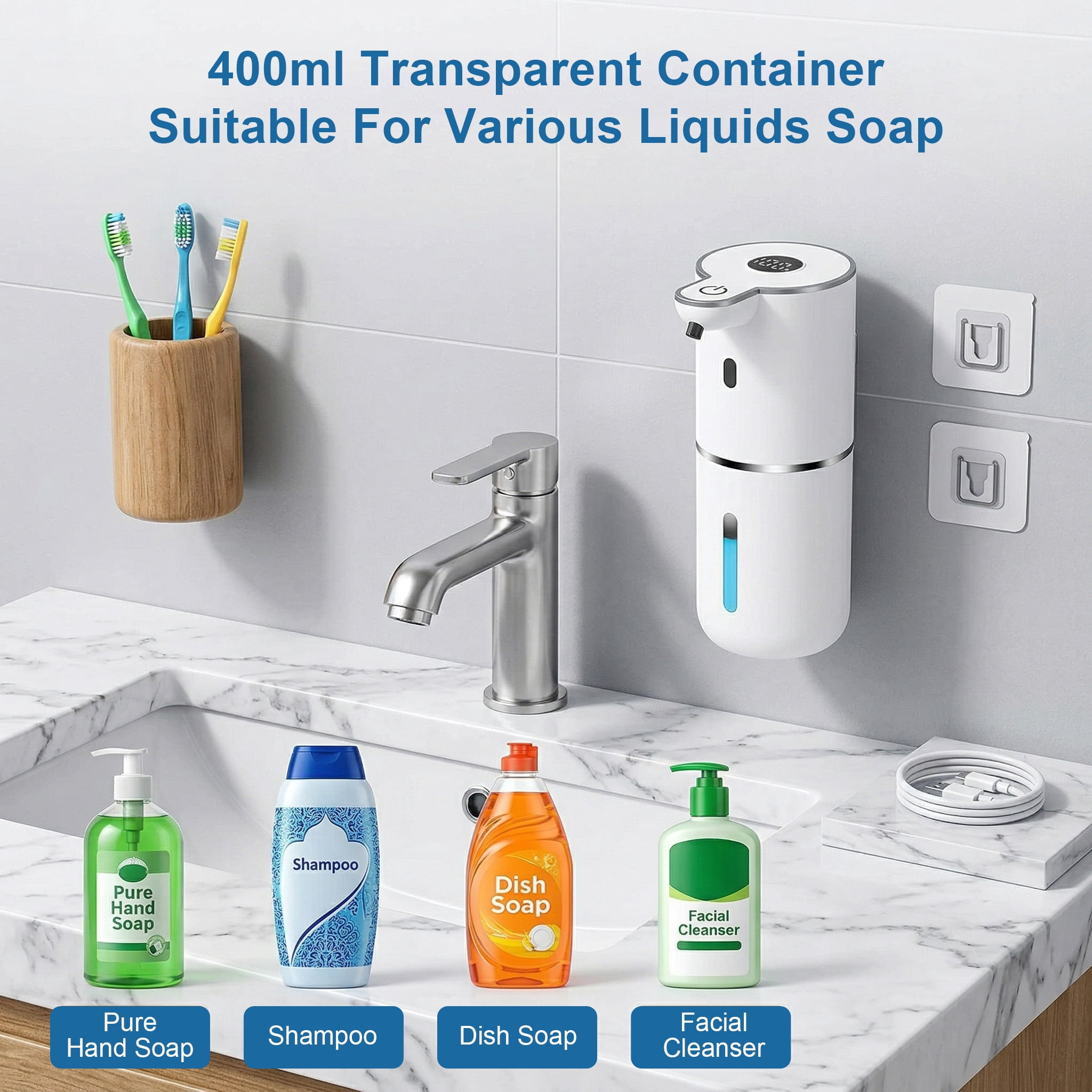 KOYMISKU Automatic Soap Dispenser, 13.5oz/400mL Touchless Wall Mounted USB Rechargeable, 6-Level Adjustable Smart Hand Soap Dispenser for Bathroom Kitchen