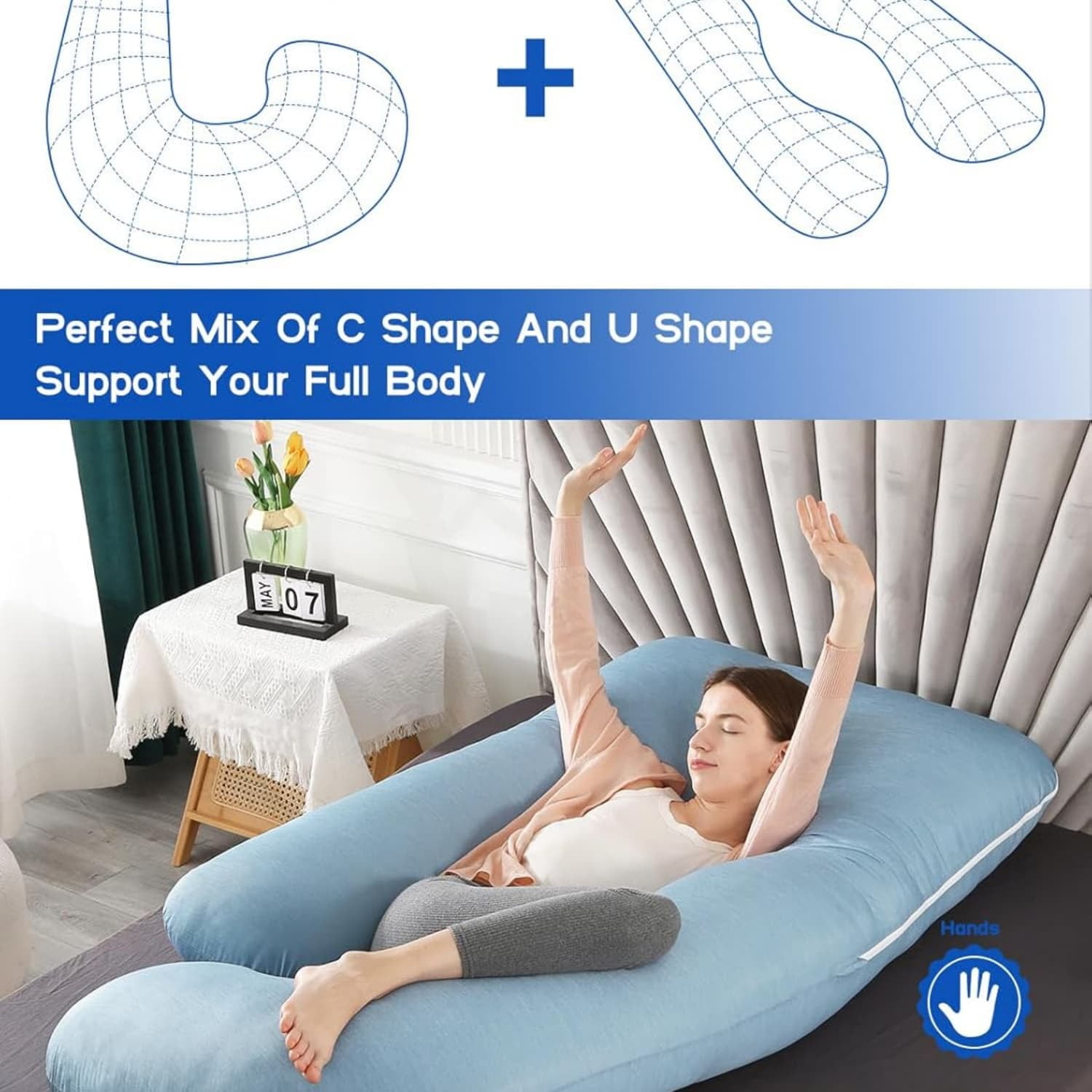 60 inch Pregnancy Pillow with Removable Velvet Cover, Side J Type Full-Body Pillow for Back, Legs and Belly Support, Comfortable Slumber for Pregnant Women