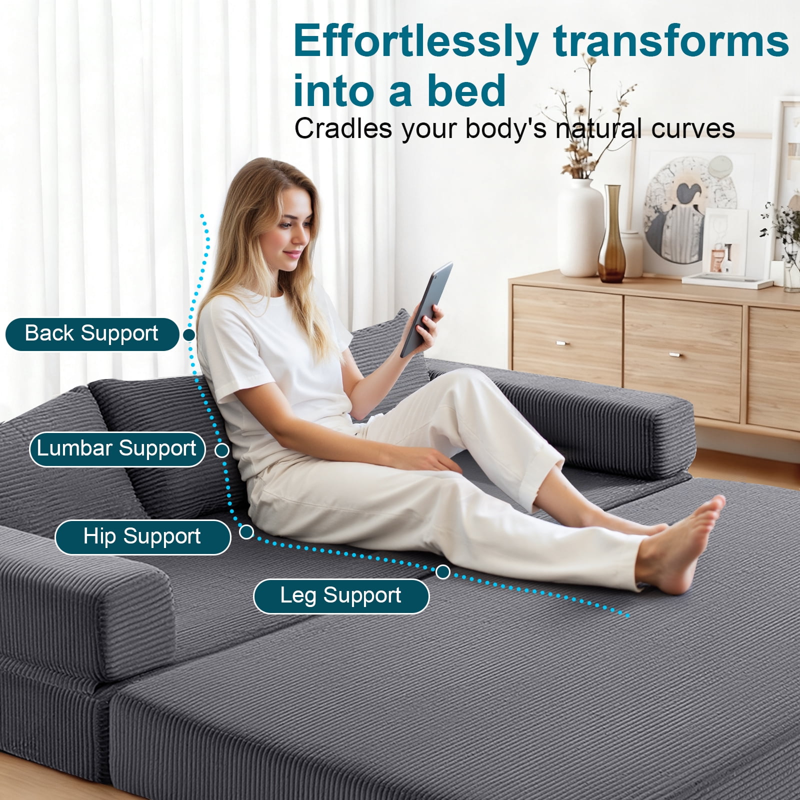 Hommpa 78" Convertible Sofa Bed Foldable Couch Bed Folding Mattress Couch, Sleeper Sofa with 3 Pillows with High Density Foam Filling, for Living Room for Holiday Festival Christmas Gift, Gray, King