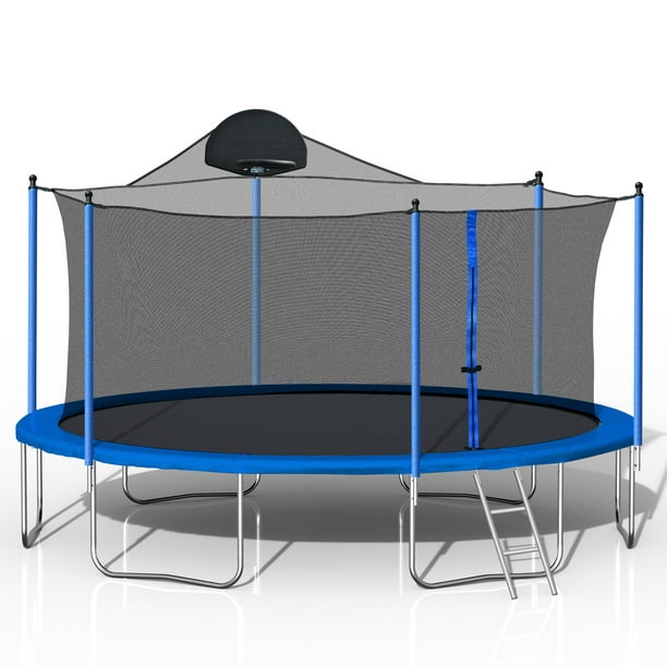 14ft Trampoline for Kids Teens Adults with Basketball Hoop Safety Enclosure Net, Outdoor Large Recreational Trampoline with Metal Ladder, ASTM Approved & High Stability -