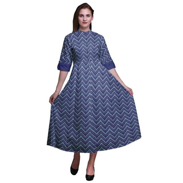 Bimba Robe Anarkali Bleu Royal à Carreaux Col Mandarin Sans Manches Kurtis pour Femmes Imprimé Robe Maxi Grande