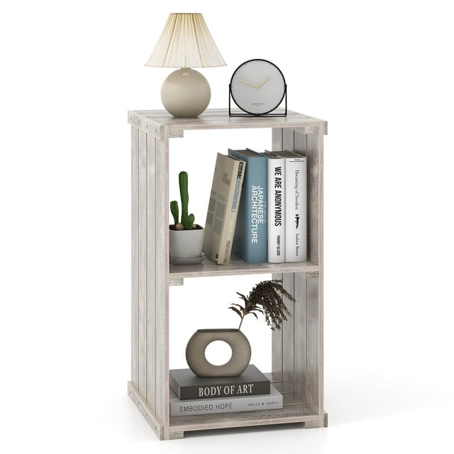Costway 1 PCS 2-Cube Storage Shelf Slatted Paulownia Wood Cubic Organizer with Open Back Brown