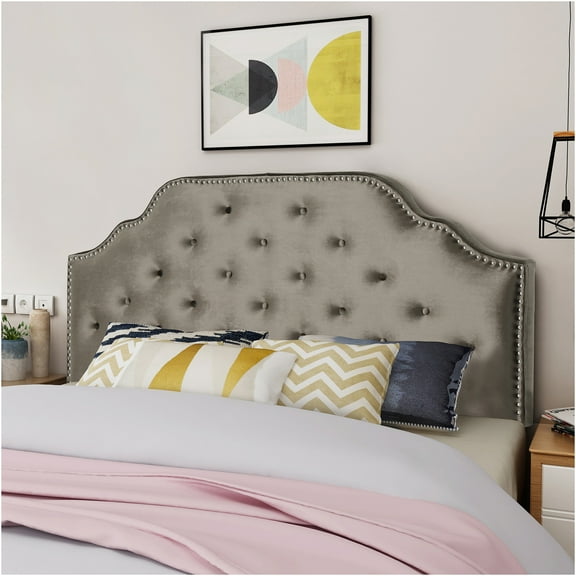 JERFIT Velvet Tufted Queen Headboard with Nailhead Trim, Adjustable Height