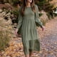 thumbnail image 2 of Vestido Fruncido Busto Puño Liso Mangas De Linterna Elegante Cómodo Vestido De Mujer De Longitud Media Verde Claro M, 2 of 6