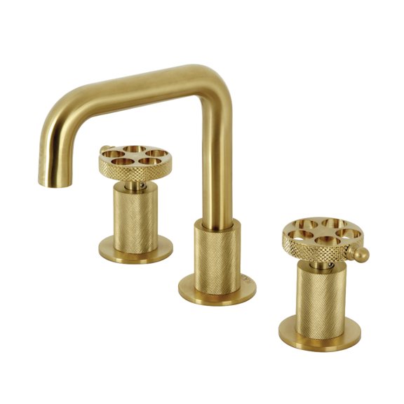 Kingston Brass KS1417RKX Webb Widespread Bathroom Faucet with Knurled Handle and Push Pop-Up Drain, Brushed Brass