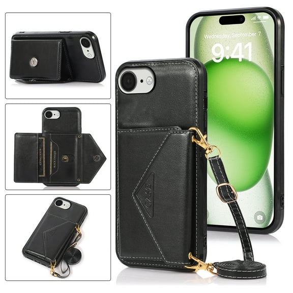 Feishell Crossbody Wallet Phone Case for Apple iPhone 16e with Removable Shoulder Strap,for Women Girls,Magnetic Clasp Credit Card Slots PU Leather Kickstand Shockproof Phone Case,Black