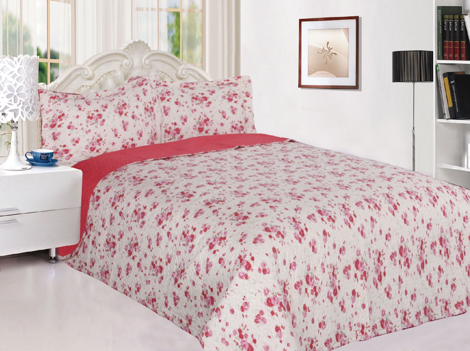 3Piece Reversible Quilted Printed Bedspread Coverlet Pink Rose Flowers