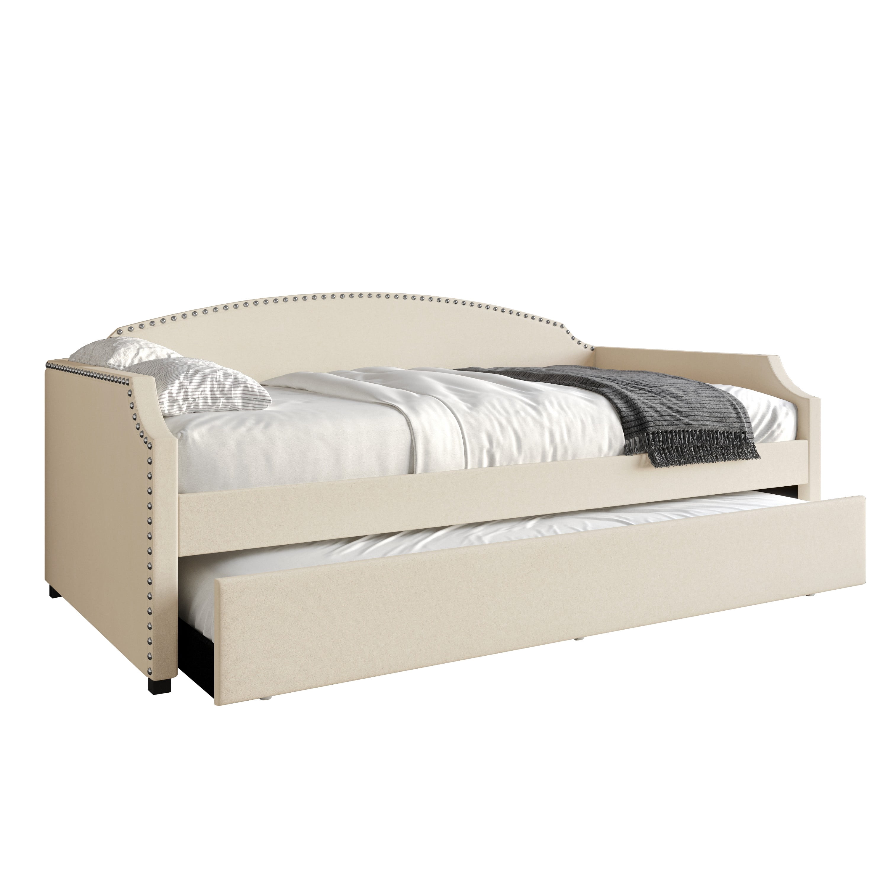 Home Design Kilgore Twin Daybed, Beige Velvet, Scooped Backrest, Chrome Nailhead Trim, Foam Padding, Pull-Out Trundle for Stylish Seating & Sleeping