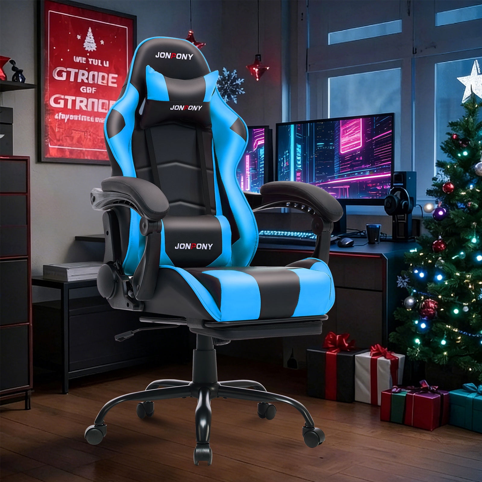 JONPONY Big and Tall 500LBS Gaming Chair, Ergonomic Design, Gamer Chair PU Leather with Footrest and Lumbar Support, High Back Office Chair Support, Long Sitting Computer Chair, Blue