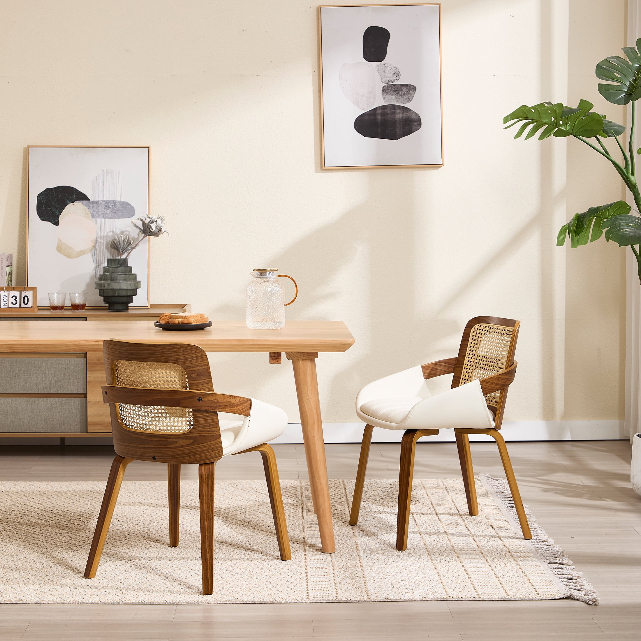 Guyou Modern Rattan Dining Chair Set of 6, Solid Wood Dining Side Chairs, PU Upholstered Kitchen Chairs with Armrests for Kitchen Dining Room Living Room, White