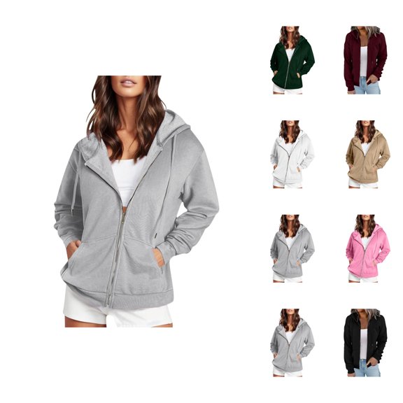 Full Zip Up Hoodies for Women With Pockets Long Sleeve Hooded Sweatshirts Casual Drawstring Jackets for Women