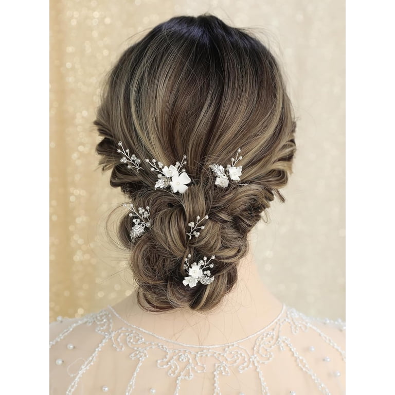 Bridal Pearl Hair Pins White Gold Leaf Flowers Clips Wedding Hair Accessories 6 PCS Pearl Bridal Wedding Hair Pins White Flower Gold Leaf  main image 4