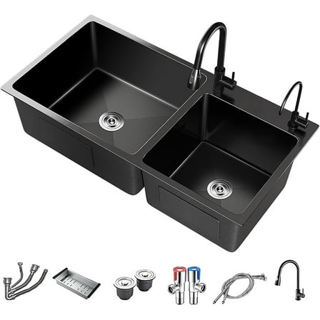 Black Double Bowl Kitchen Sink 27-inch Stainless Steel Topmount Undermount Handmade Workstation With Drain Tray Prep 26.7*15.3 inch 2-Holes