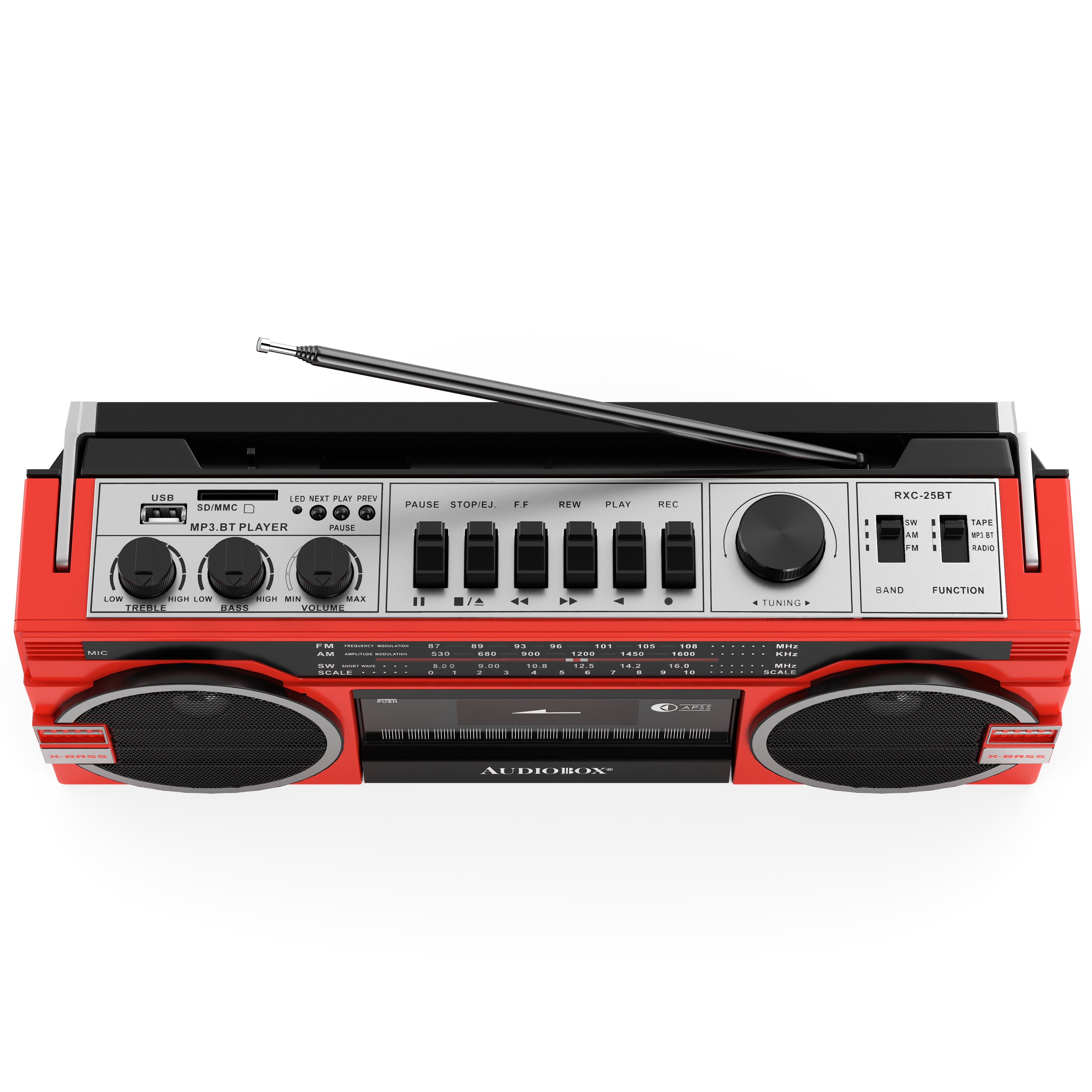 AudioBox RXC-25BT Bluetooth Boombox Speaker - 2 Way Boombox System with AM/FM/SW Radio, MP3 Playback, USB & SD Card Connection, Cassette Player, Built-in Speaker, 3.5mm Jack, Stereo Sound (Red)