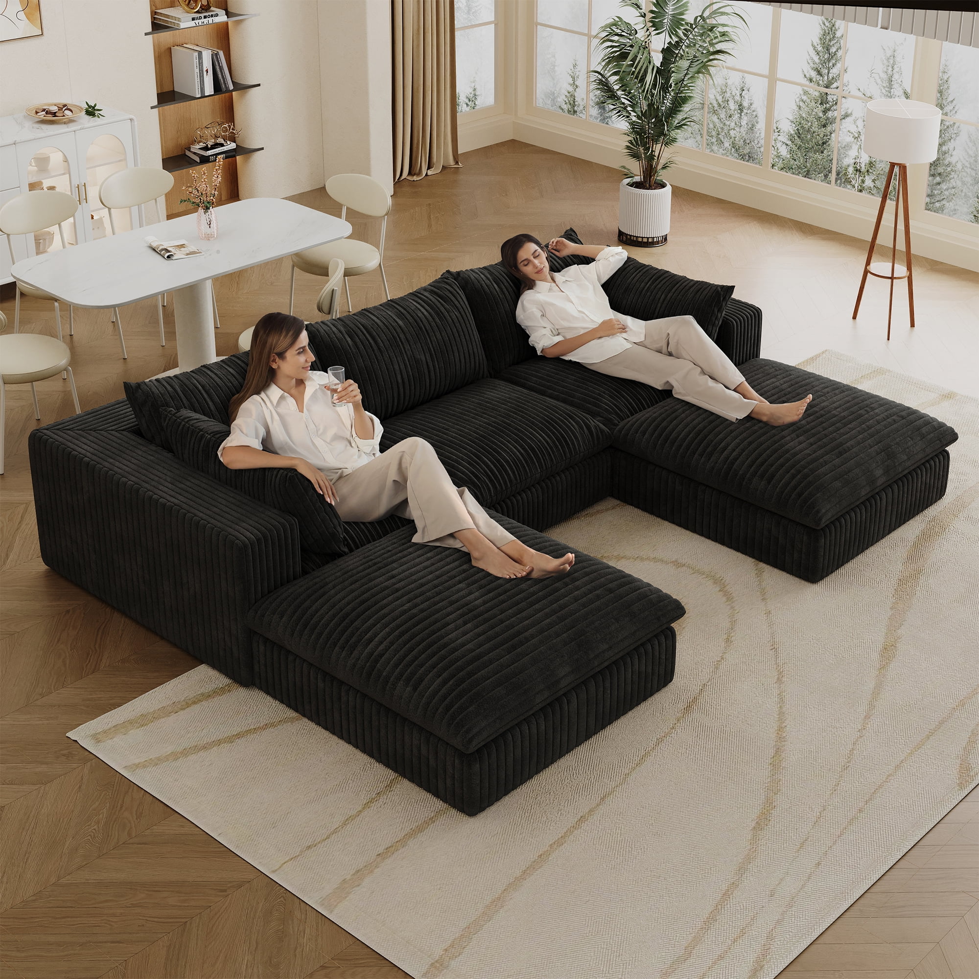 MAYEERTY 118.2" Cloud Sofa Black Corduroy Fabric Deep Seat Double-Layer Design Removable Cushion No Assembly DIY Combination for Multi-Rooms