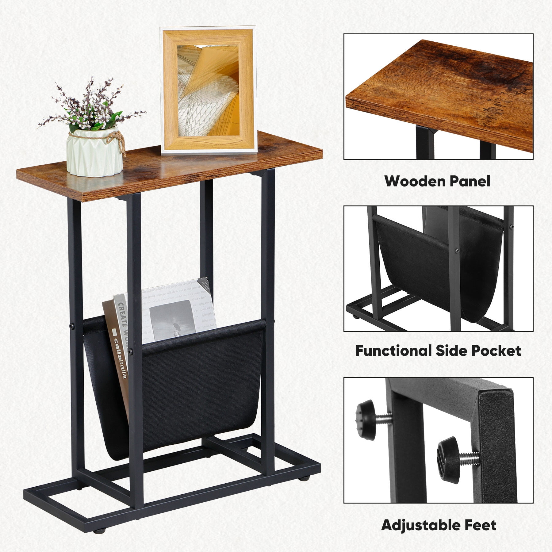 HomGarden 17.7"L x 21.7"H Narrow Side Table Small Metal End Table W/Storage Holder for Sofa Couch Bed, Rustic Brown